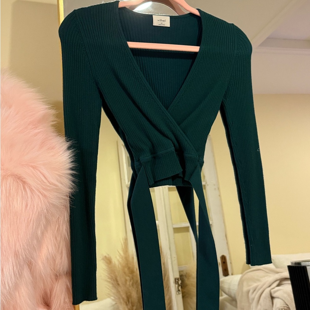 Aritzia Deep Green Ribbed Wrap Sweater